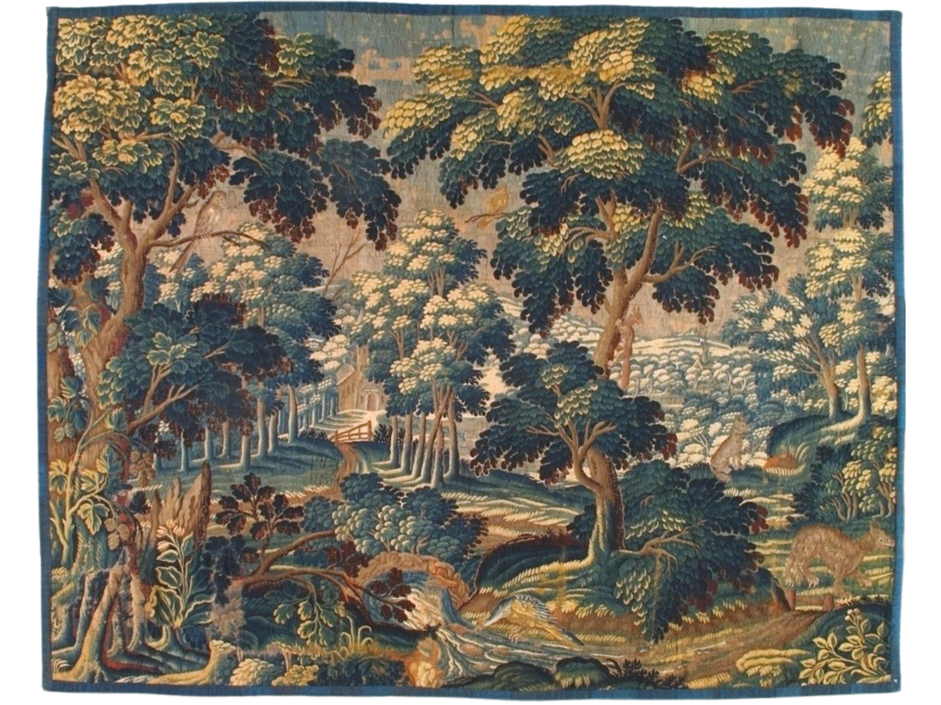 A painting of a landscape with trees and a river