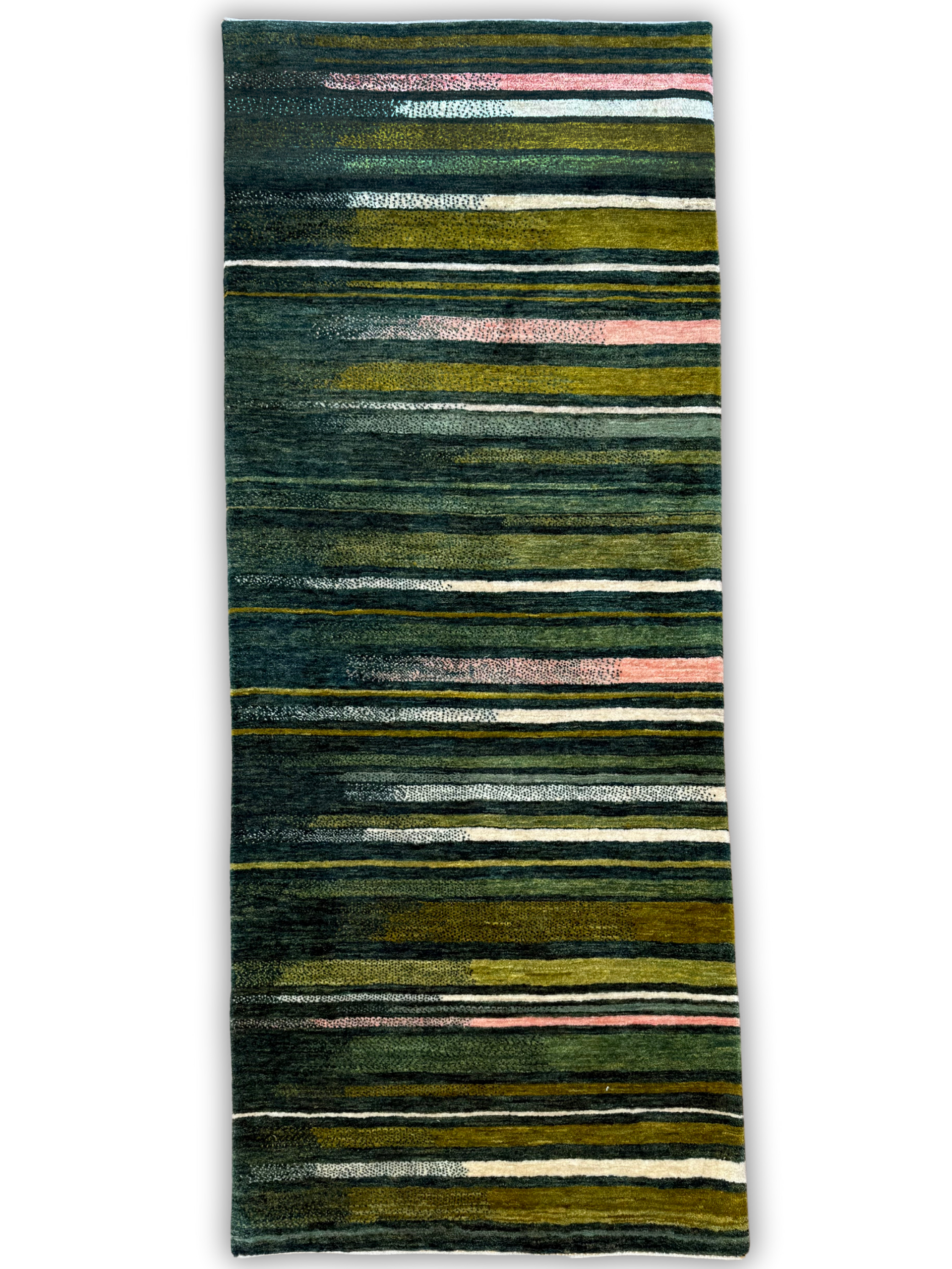 A rug with a striped pattern on it is on a white background.
