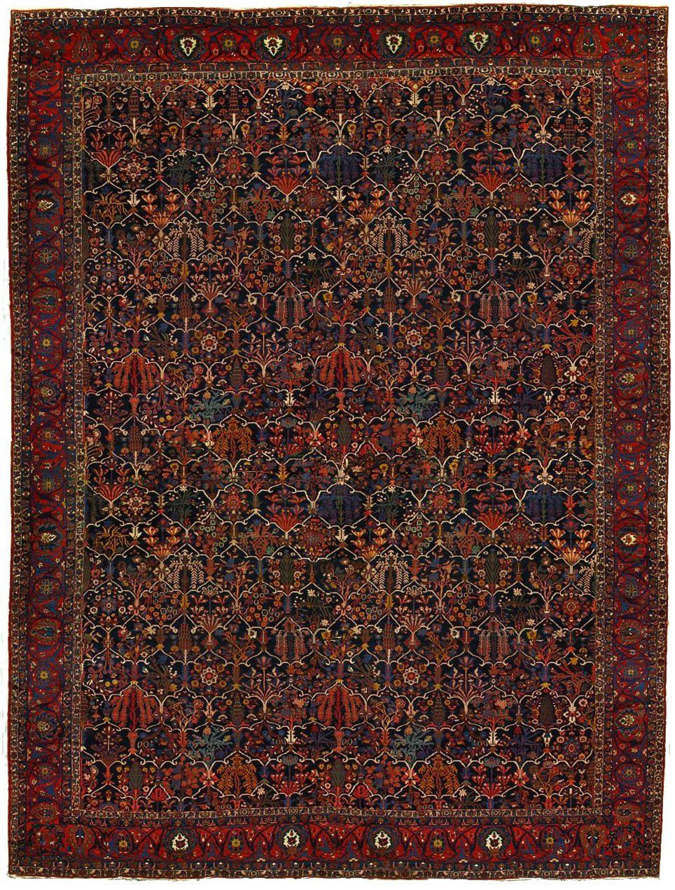 A rug with a floral pattern on it is on a white background.