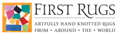 The logo for first rugs shows a colorful quilt and says artfully hand knotted rugs from around the world.