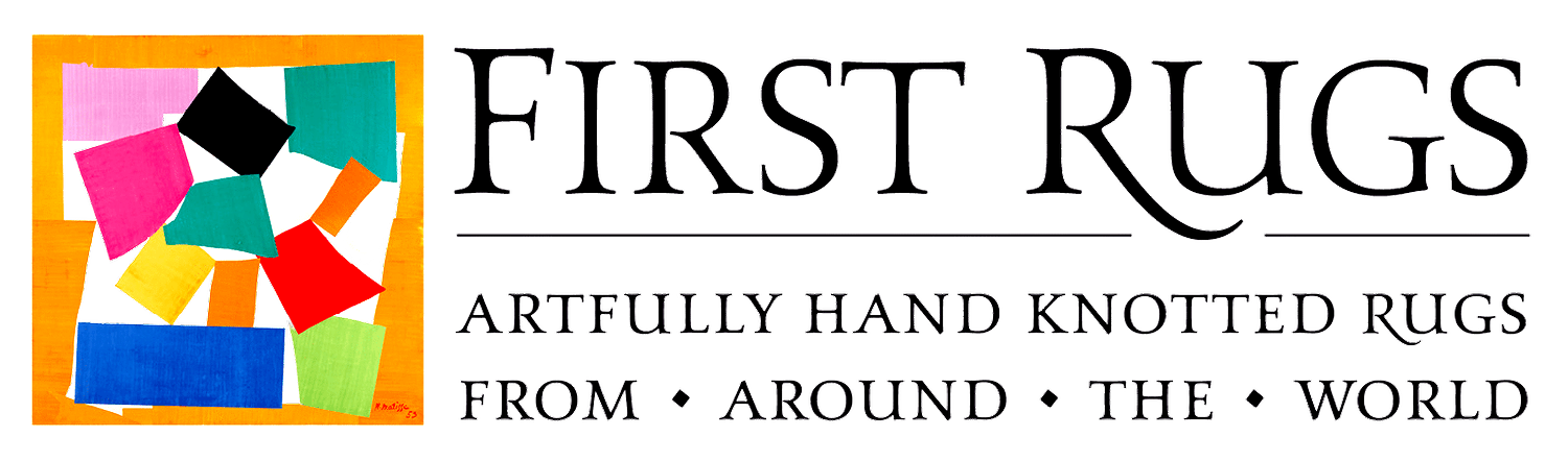 The logo for first rugs shows a colorful quilt and says artfully hand knotted rugs from around the world.