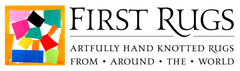 The logo for first rugs shows a colorful quilt and says artfully hand knotted rugs from around the world.