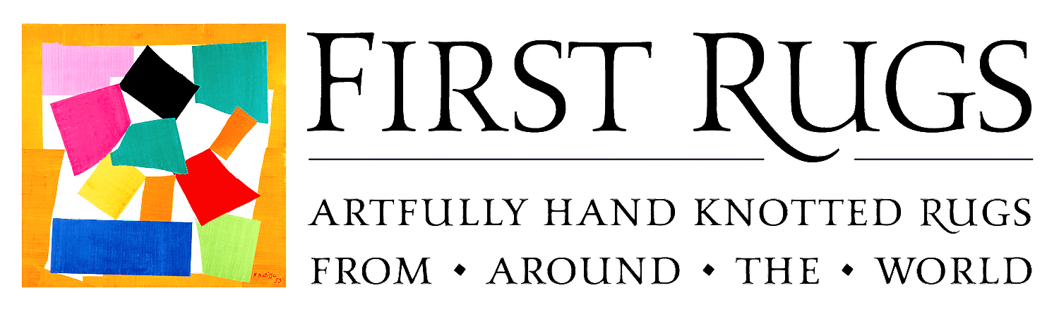 The logo for first rugs shows a colorful quilt and says artfully hand knotted rugs from around the world.