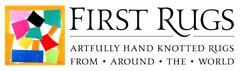 The logo for first rugs shows a colorful quilt and says artfully hand knotted rugs from around the world.