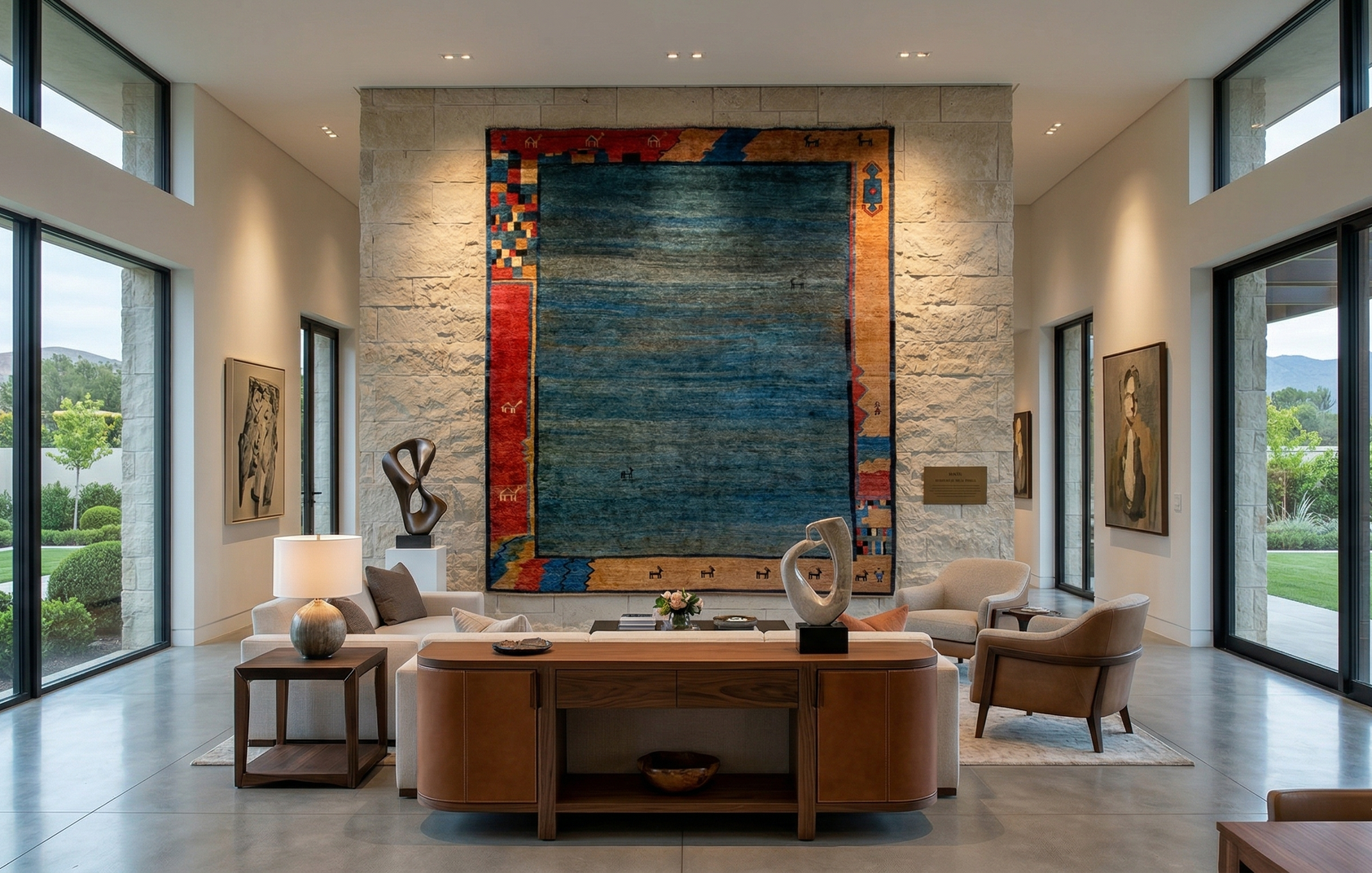 A spacious, modern living room featuring a stone wall, a large blue and patterned tapestry, and neutral-toned furniture.