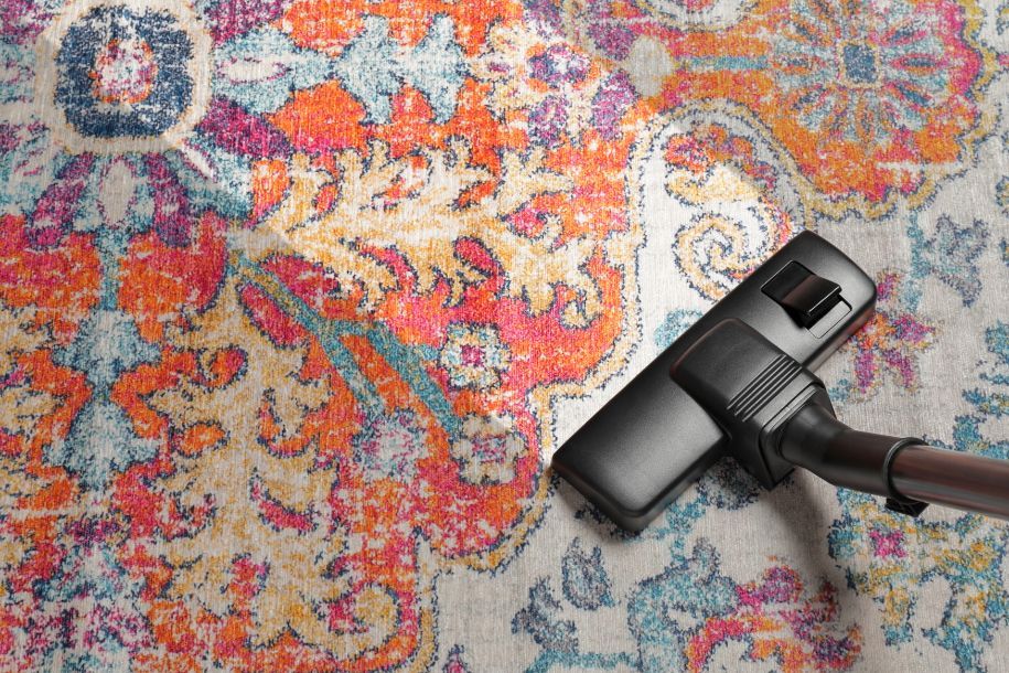 Vacuum cleaner head on a colorful patterned rug.