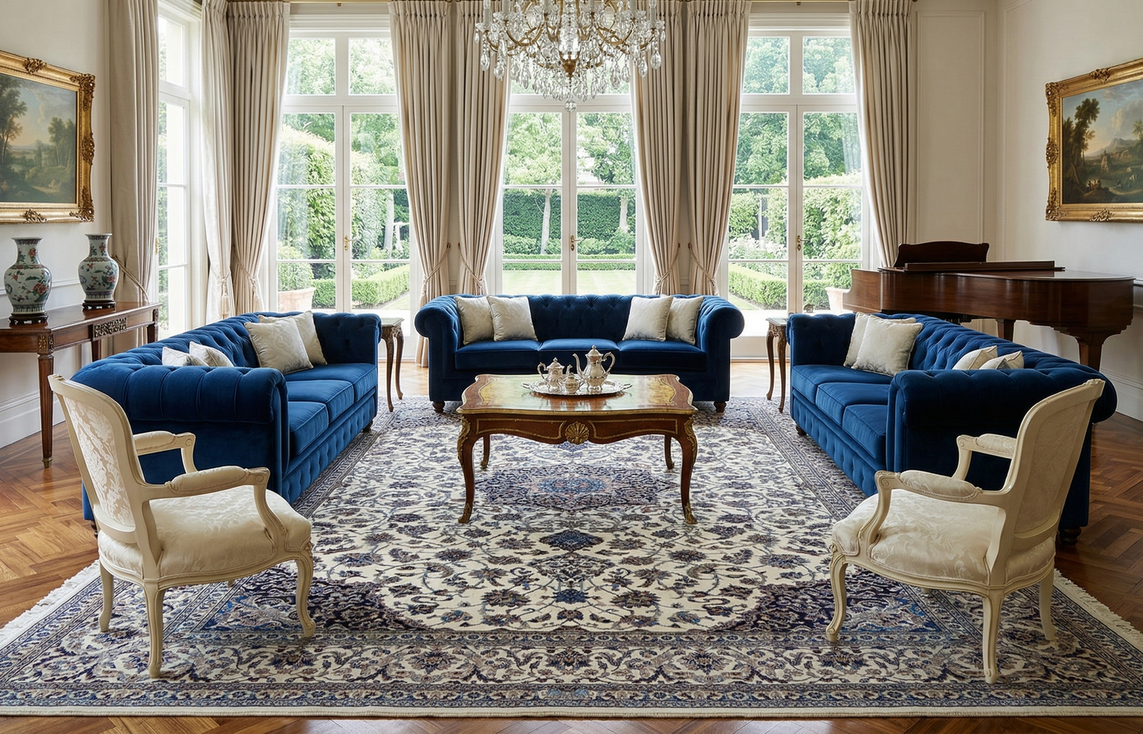 A formal living room with three blue sofas, two cream armchairs, a coffee table, and a Persian rug.