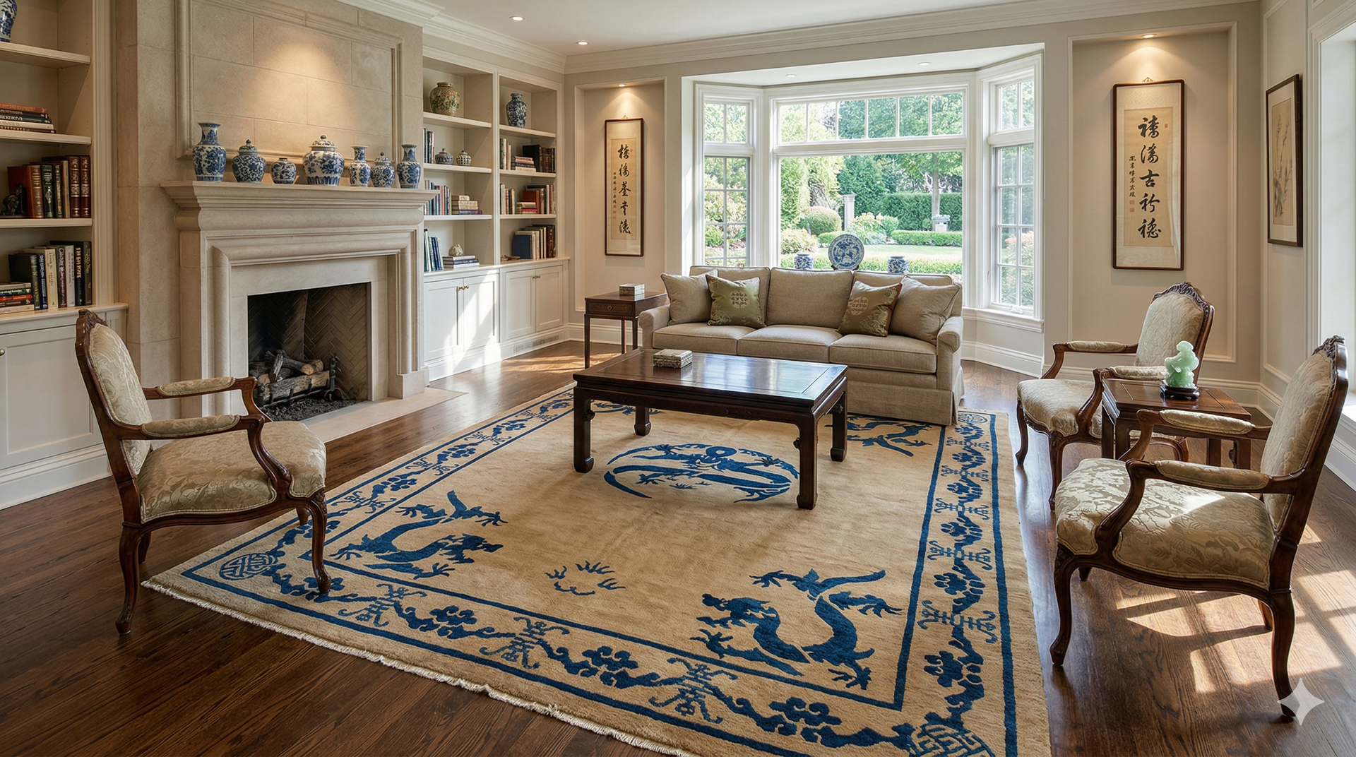 Elegant living room with beige furniture, a blue and tan oriental rug, a fireplace, and built-in bookshelves.