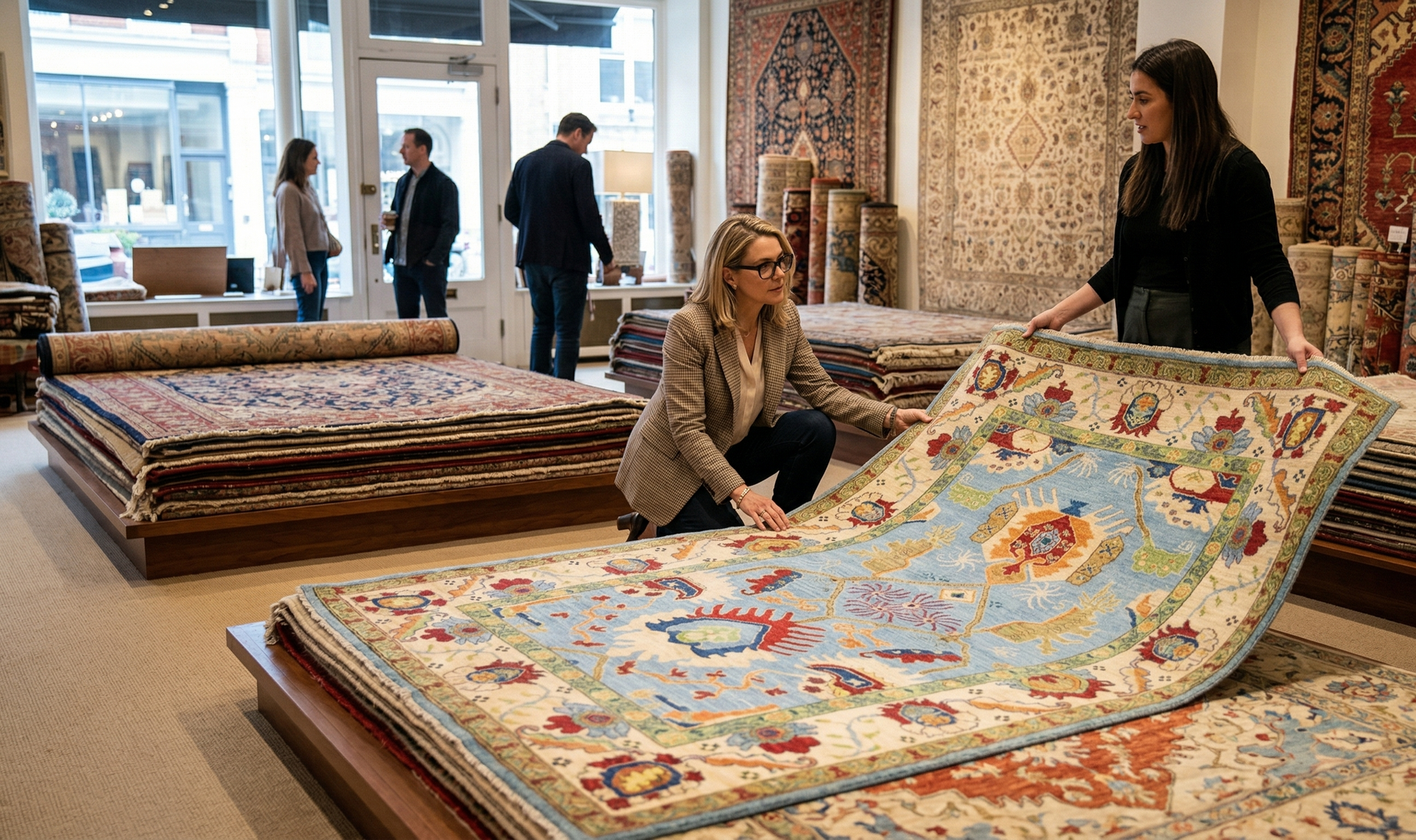 Two people stand in a rug store, displaying a large, intricately patterned cream and blue carpet to a customer.