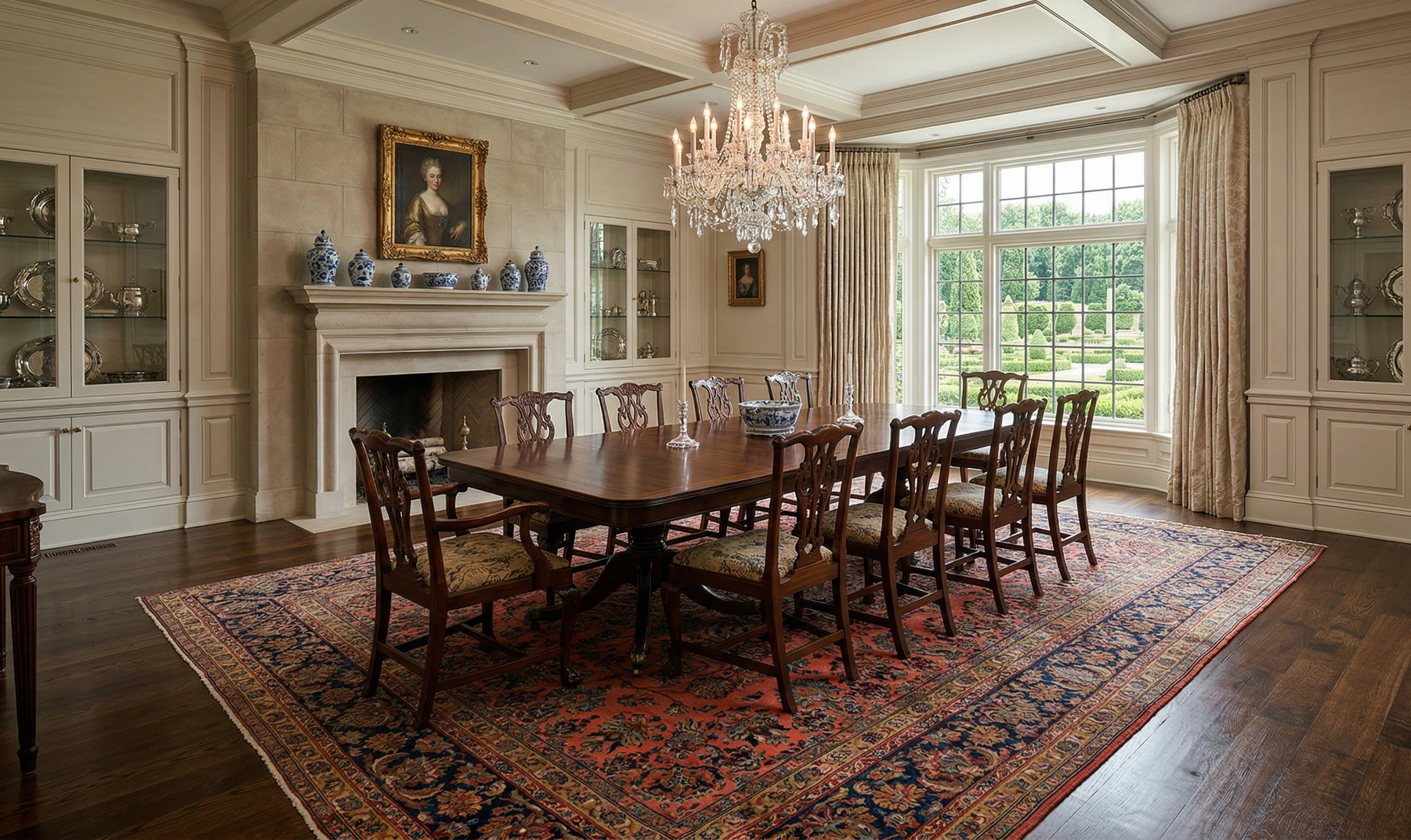 A formal dining room featuring a large wood table, Persian rug, upholstered chairs, a crystal chandelier, and a fireplace with art.