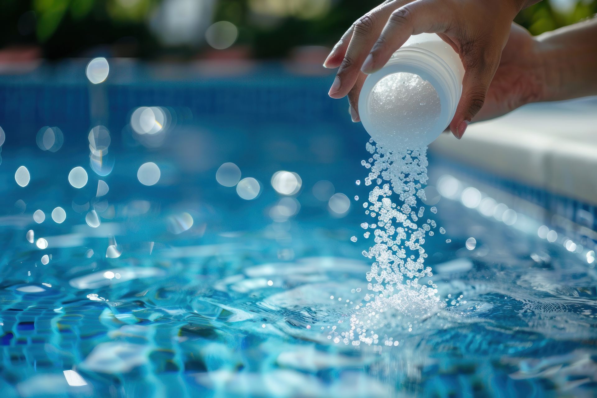 Hand pouring granules from a container into a sparkling blue swimming pool.