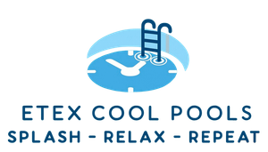 ETex Cool Pools Logo: Blue clock with pool ladder;