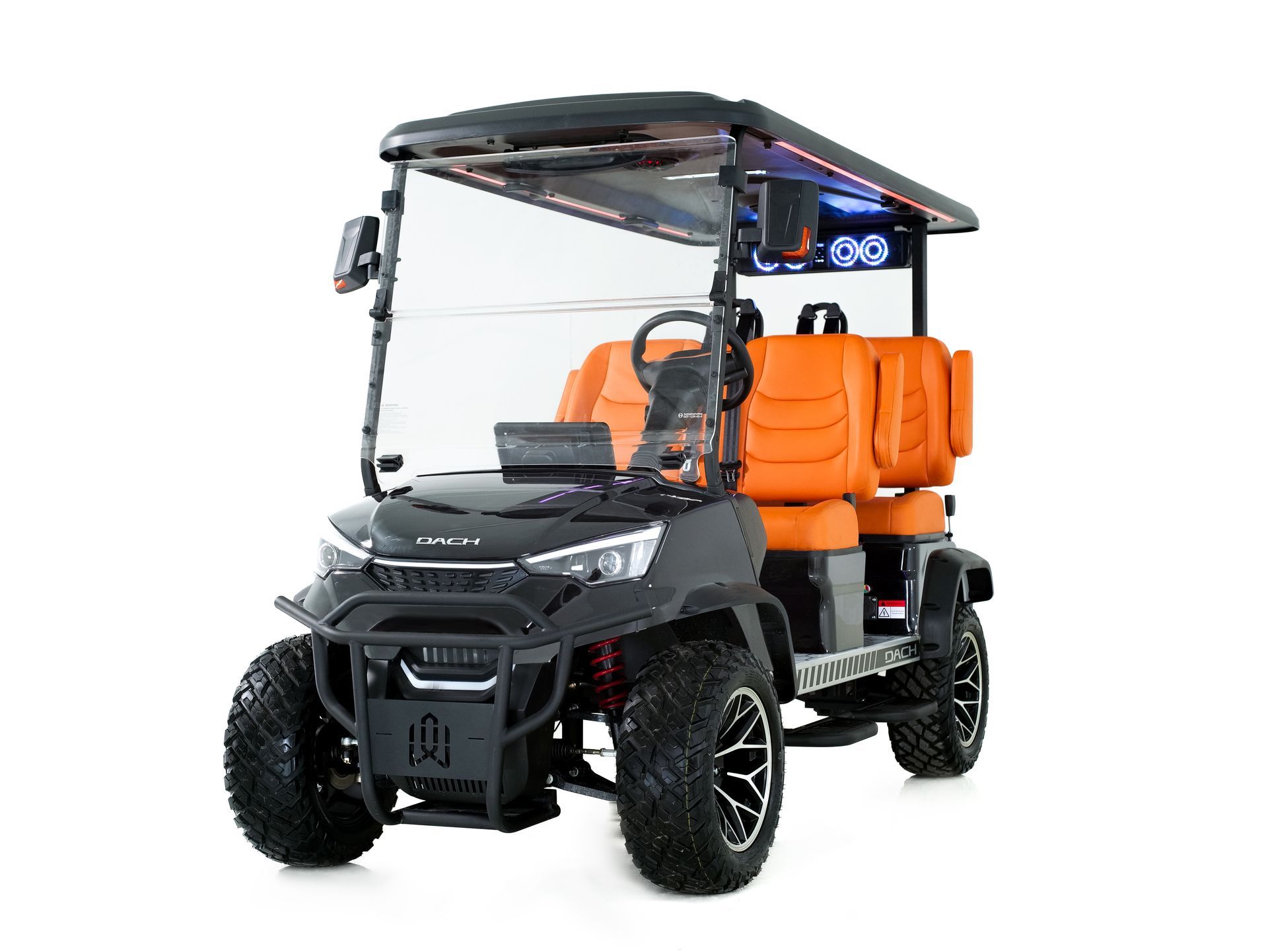 Black and orange golf cart with off-road tires, a black roof, and orange seating, set against a white background.