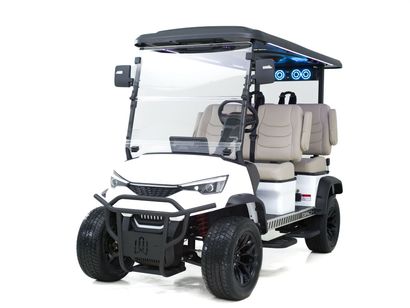 White and black luxury golf cart with orange wheels and blue-trimmed seats, on a white background.