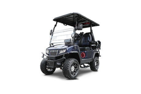 A golf cart is parked in the grass next to a path.