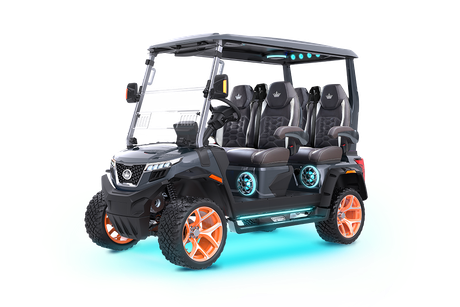 Black and orange custom golf cart with LED lights, seating six people, on a white background.