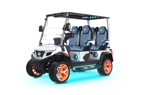 White and black luxury golf cart with orange wheels and blue-trimmed seats, on a white background.