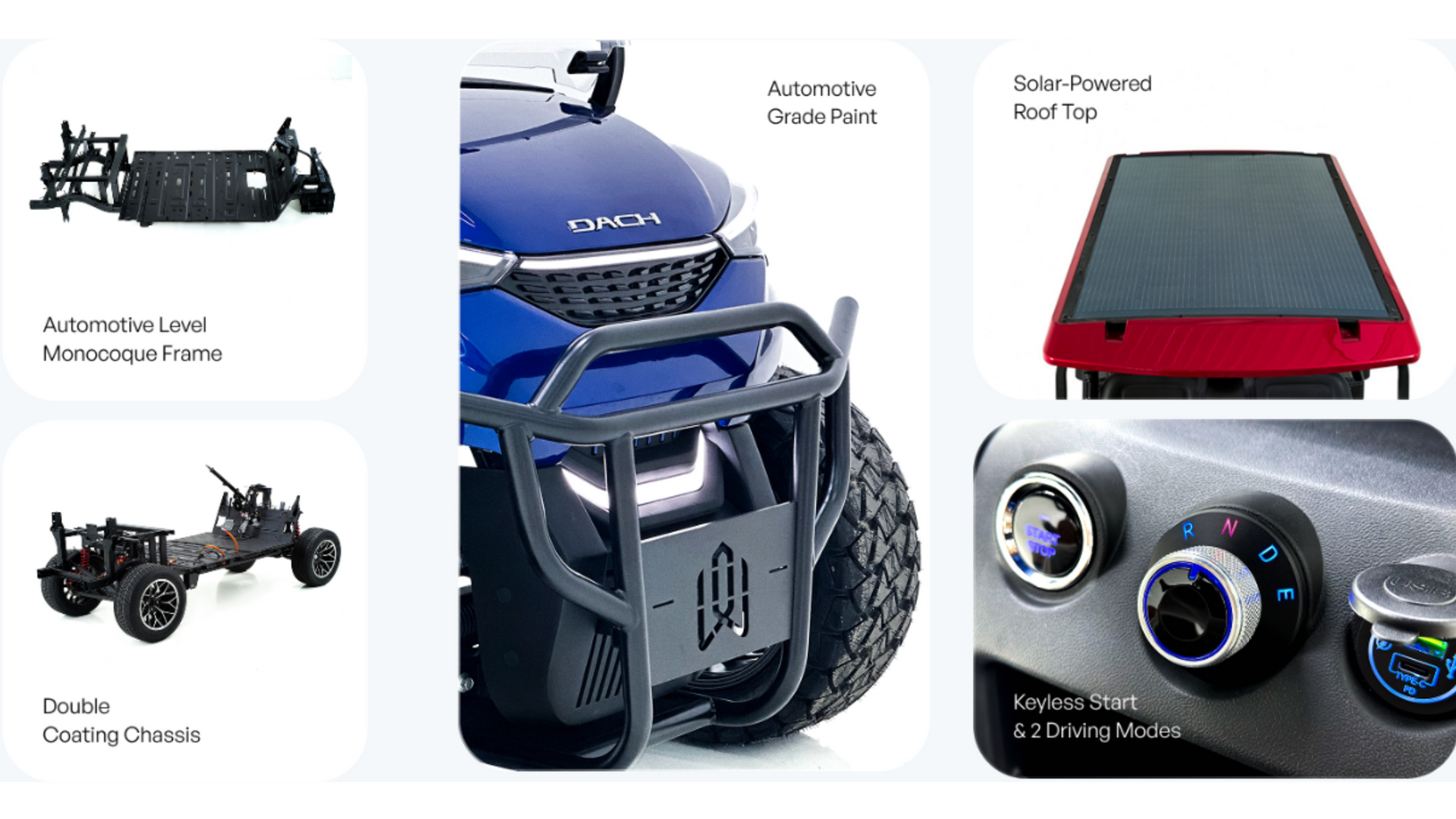 A collage showing car parts and features. The center shows a blue car with a front bumper. Other features include chassis and roof top.