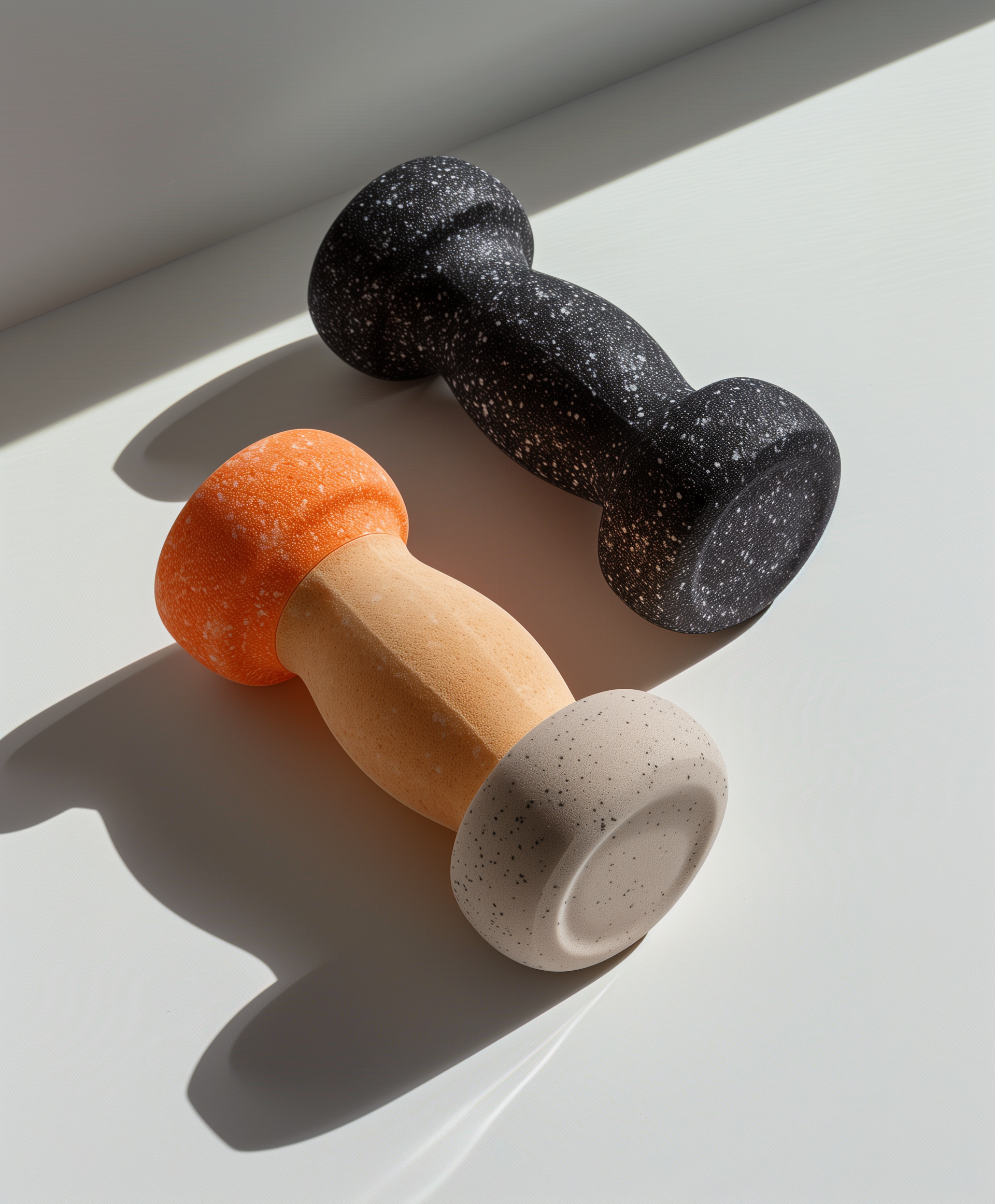 Two small dumbbells, one black and one orange-beige, on a white surface with sunlight and shadows.
