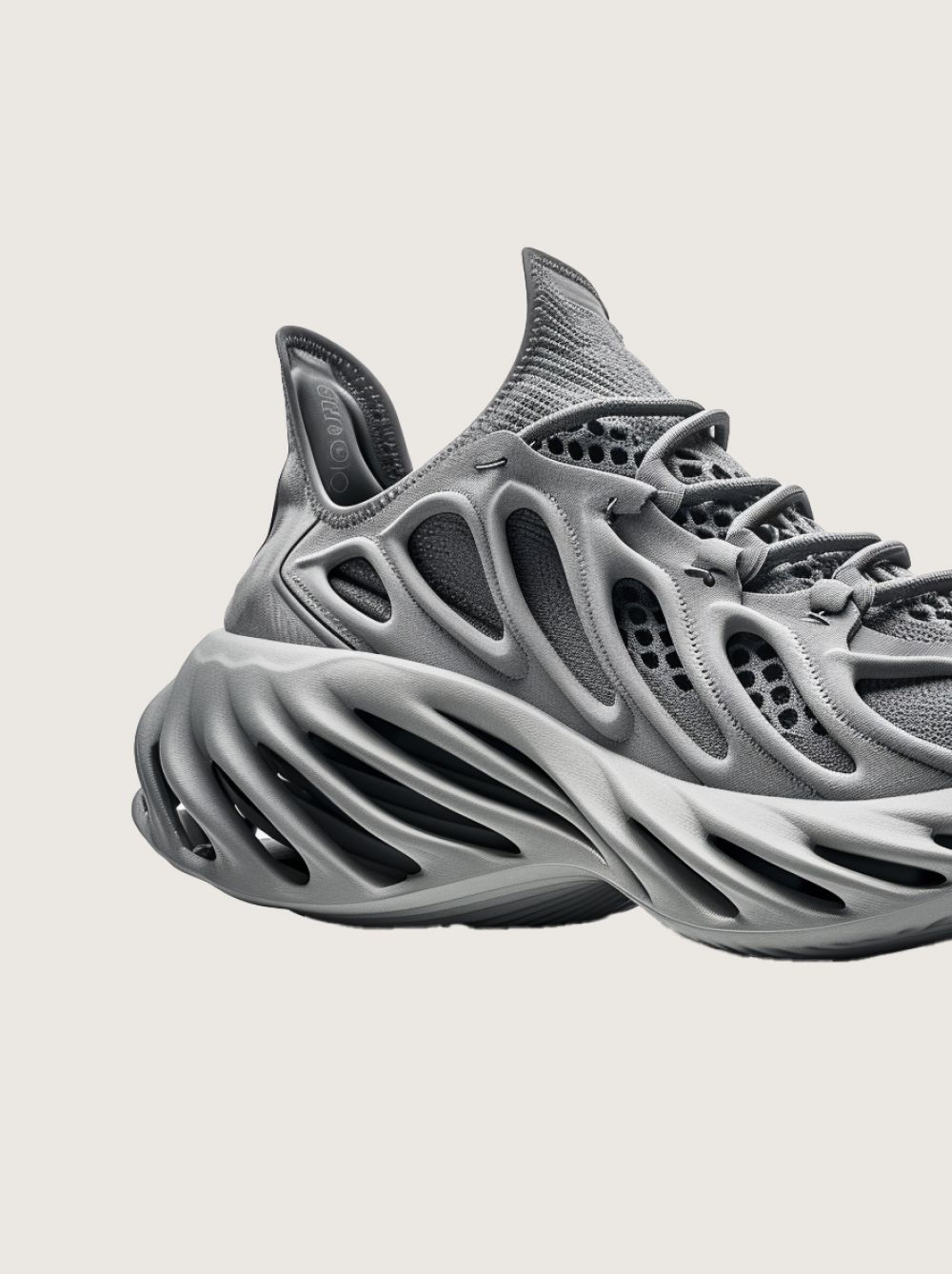 Gray athletic sneaker with textured sole on a light background