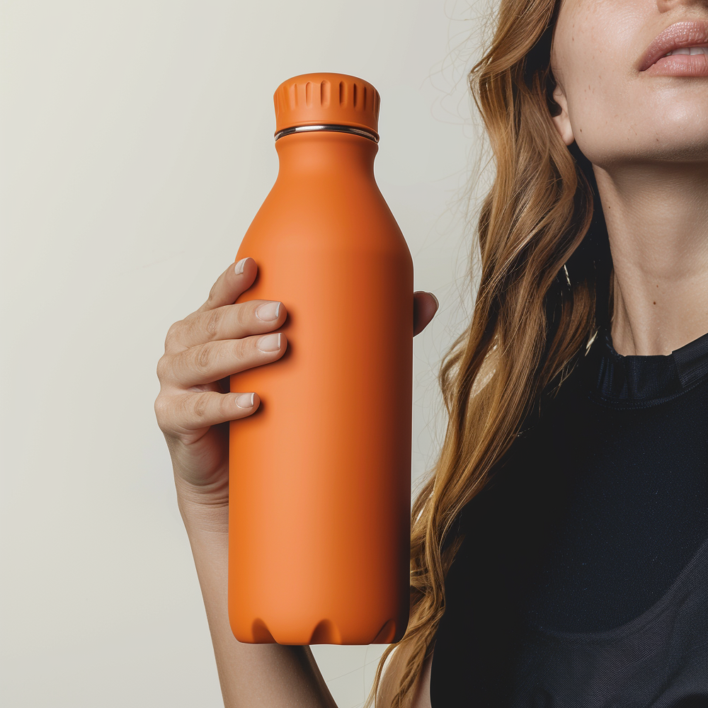 Hand holding an orange insulated water bottle on a light background