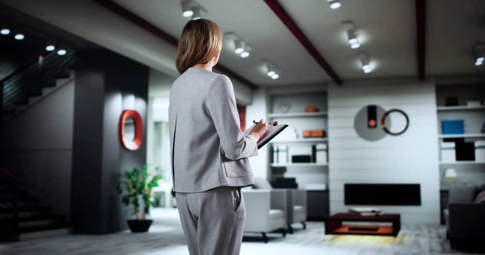 Woman holding a tablet in a modern living room with gray furniture and wall art