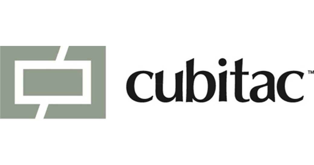 Logo for Cubitac, a kitchen and bath cabinetry company. Gray rectangular shape with white accents to the left of the black