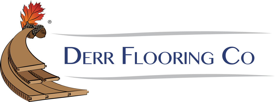 Logo for Derr Flooring Co, with a wooden plank design and text in navy blue. A stylized red and orange leaf is on the top.