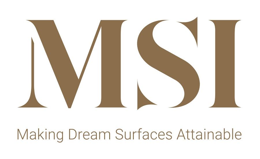 Logo for MSI, a surface materials company, in a light brown color with the tagline,