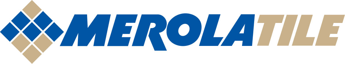 Logo for Merola Tile; a blue and tan geometric tile pattern with the company name in blue and tan text.