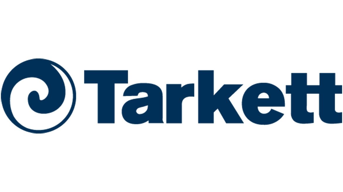 Logo of Tarkett, featuring a blue swirl design to the left of the dark blue text