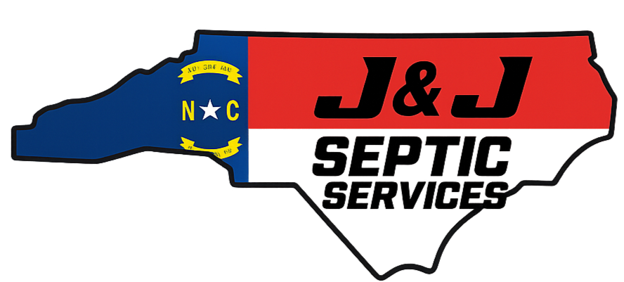 Logo of J & J Septic Services in North Carolina. Colors: red, white, blue, and black.