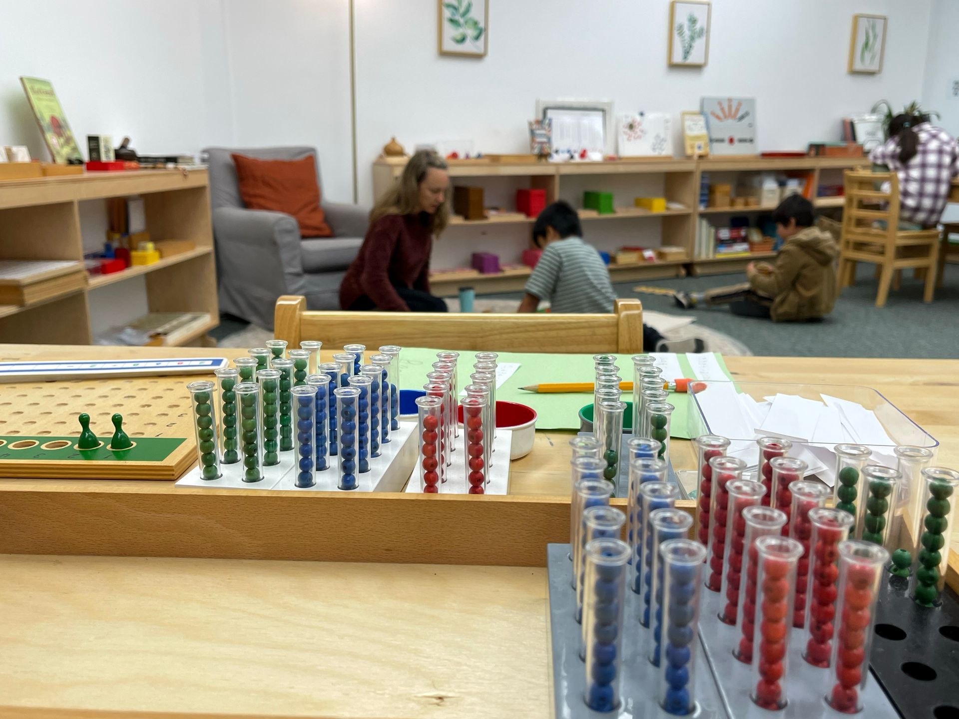 Montessori guide and children in the classroom.