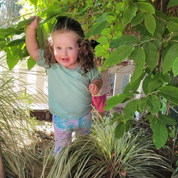 Montessori toddler standing in the garden.