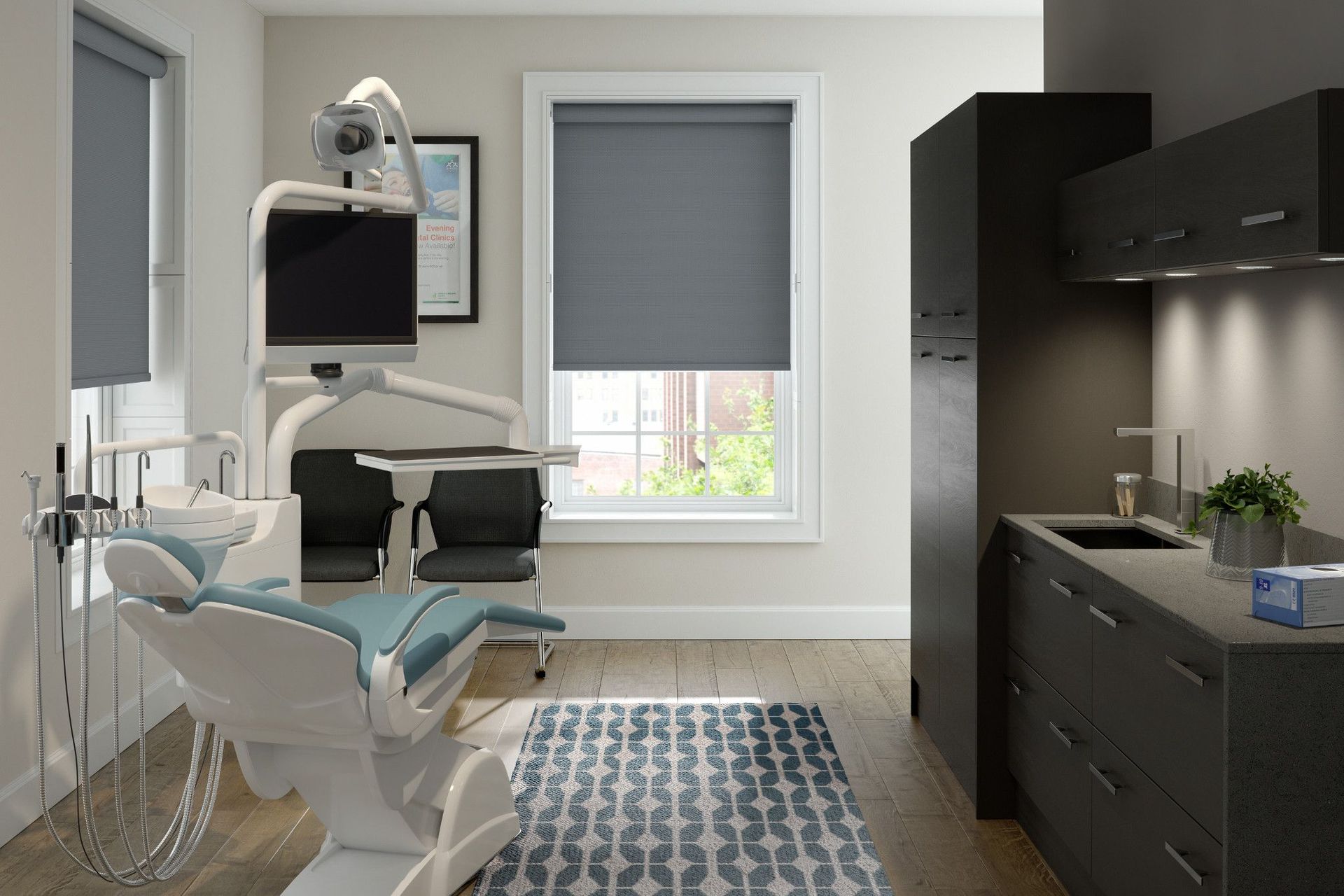 Dental office with chair, sink, cabinets, window, and patterned rug. Mostly white, gray, and blue.