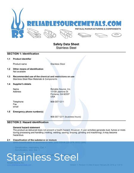 Stainless Steel SDS/MSDS Sheet