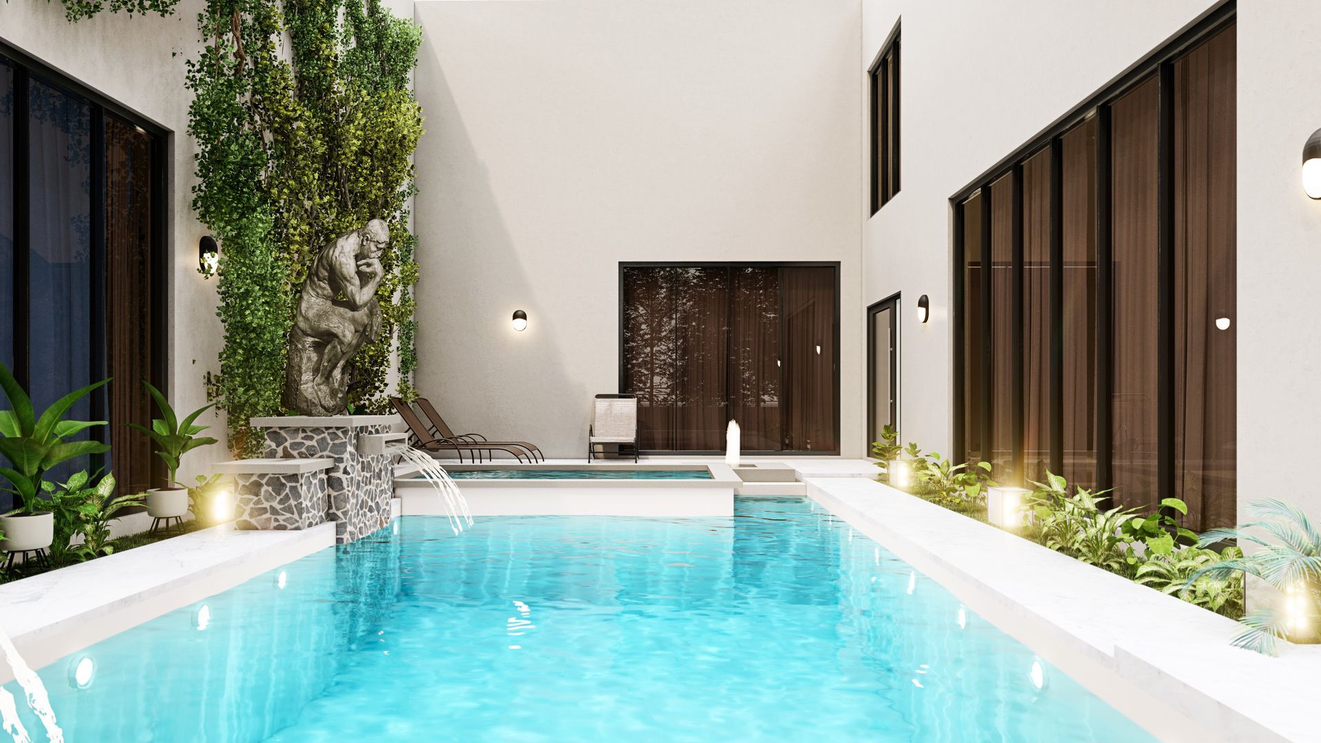 Modern house with a swimming pool surrounded by small plants and a statue.