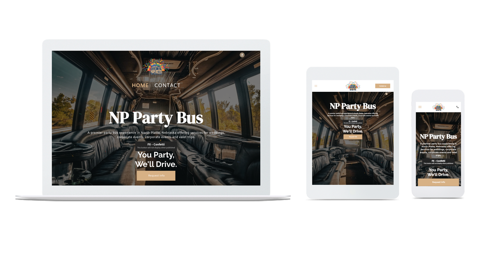 A laptop , tablet , and cell phone displaying a website for np party bus.