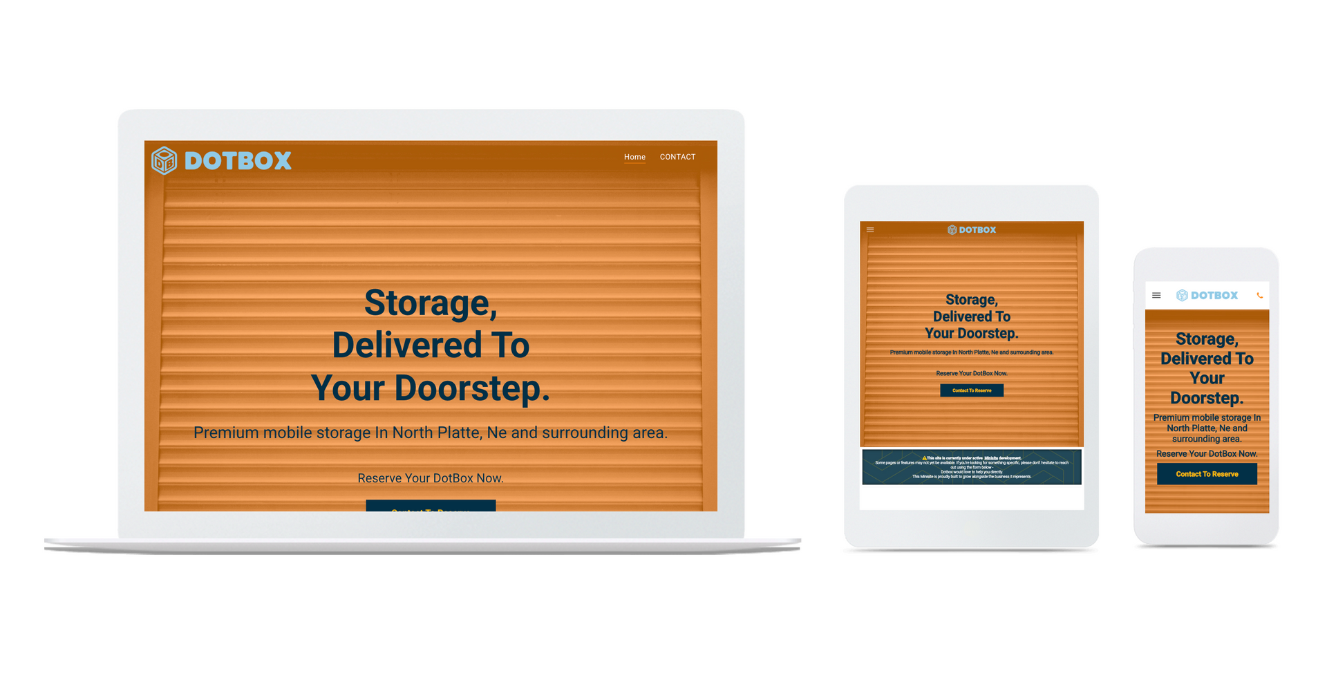 A laptop , tablet , and cell phone are displaying a website for a storage company.