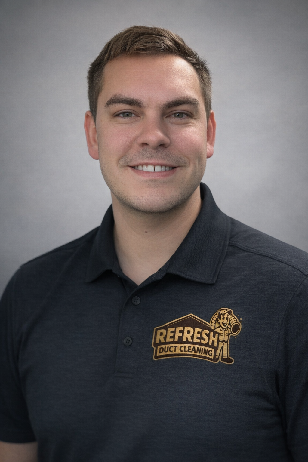 Smiling man in a dark polo shirt with a βREFRESHβ logo against a gray background