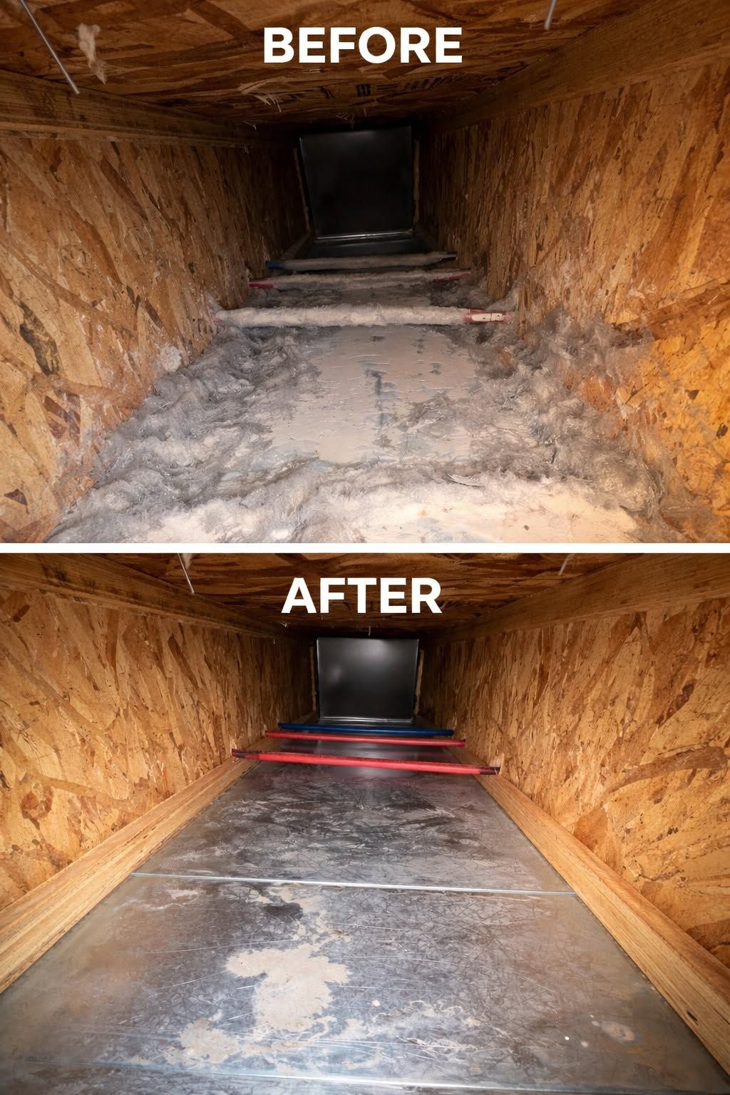 Before-and-after attic tunnel: unfinished floor versus black-lined floor with red straps.
