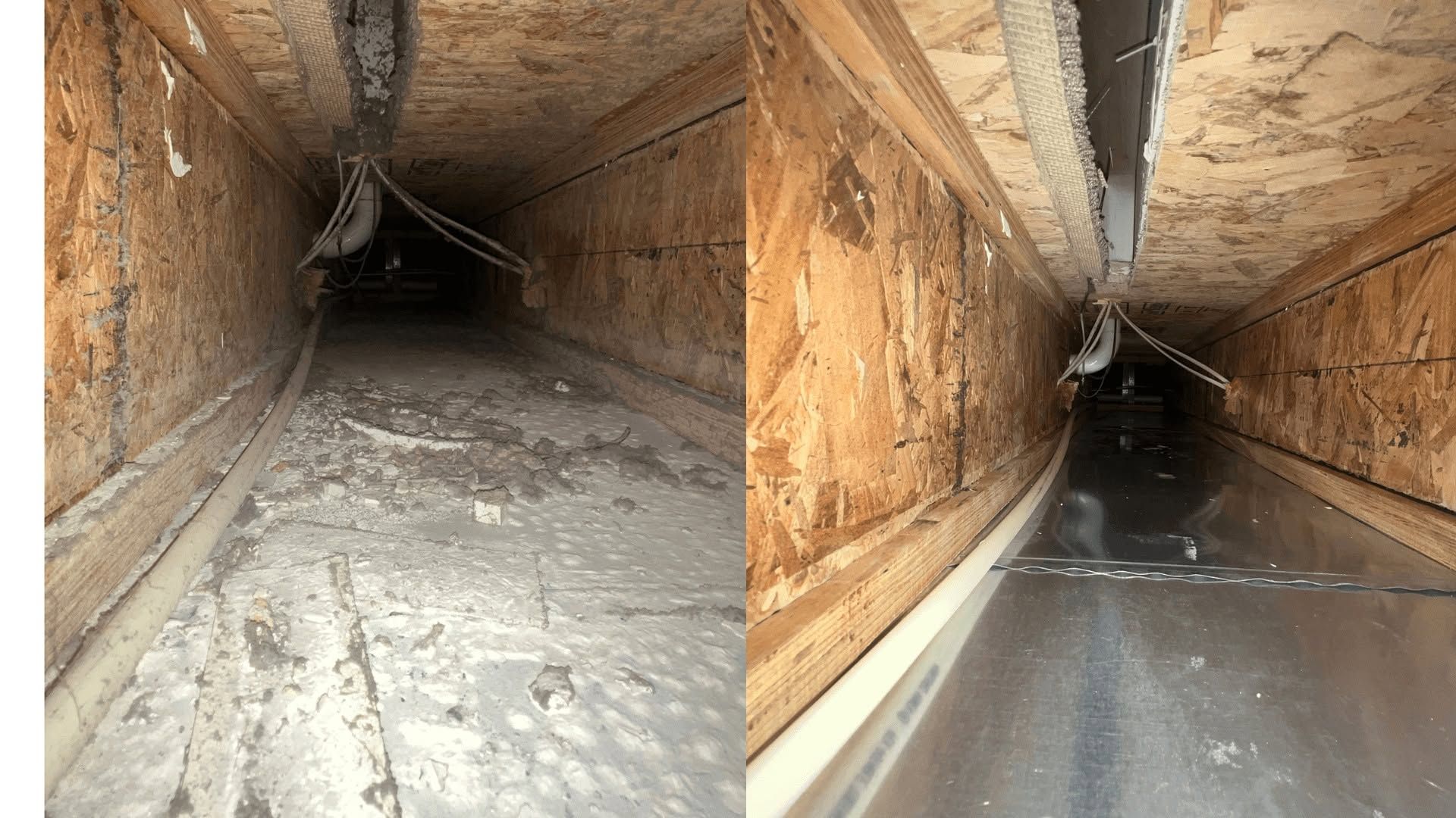 Side-by-side crawlspace views: a dirty, dry tunnel on the left and a cleaner, wet-lined tunnel on the right.