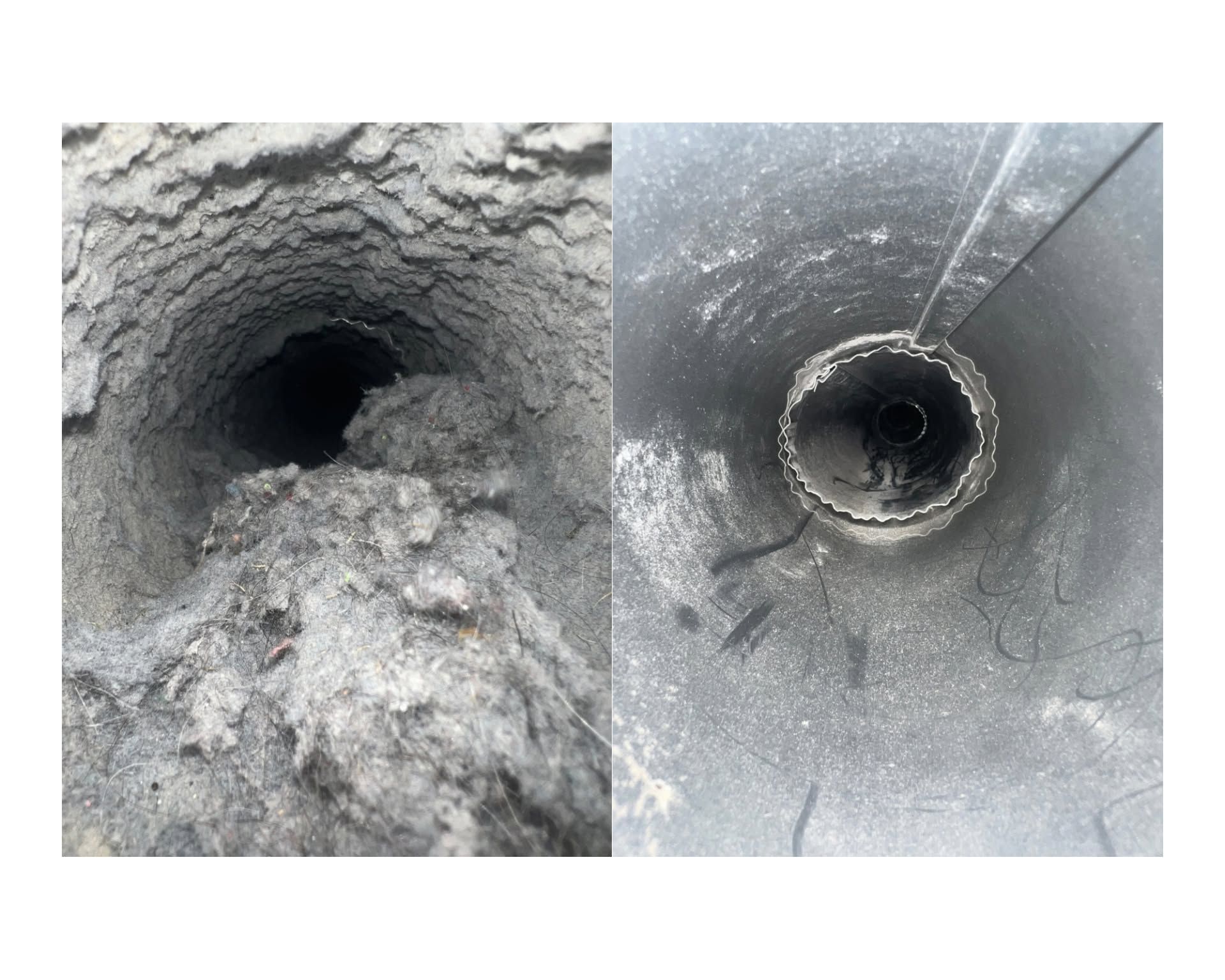 Close-up of a dusty metal surface with two circular openings, one dark and one with a small rod inside.