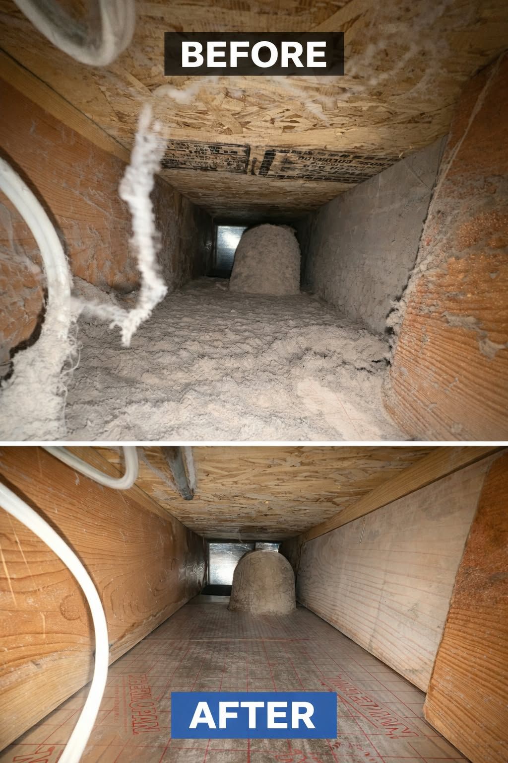 Before-and-after view of a narrow tunnel or duct with a rough, dusty interior cleaned in the after image.