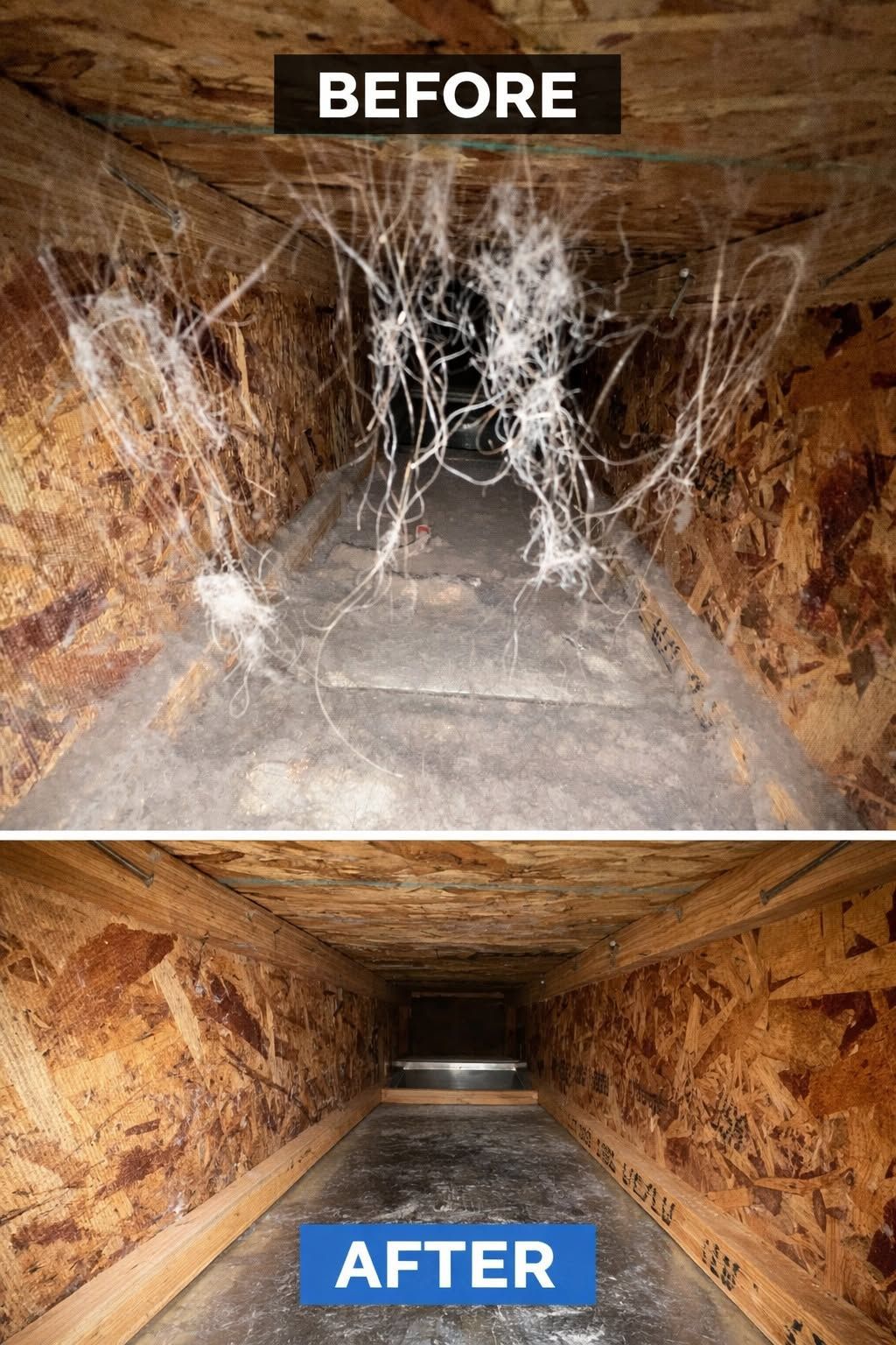 Before-and-after view of a cleaned crawlspace, with cobwebs removed and dirt floor exposed.