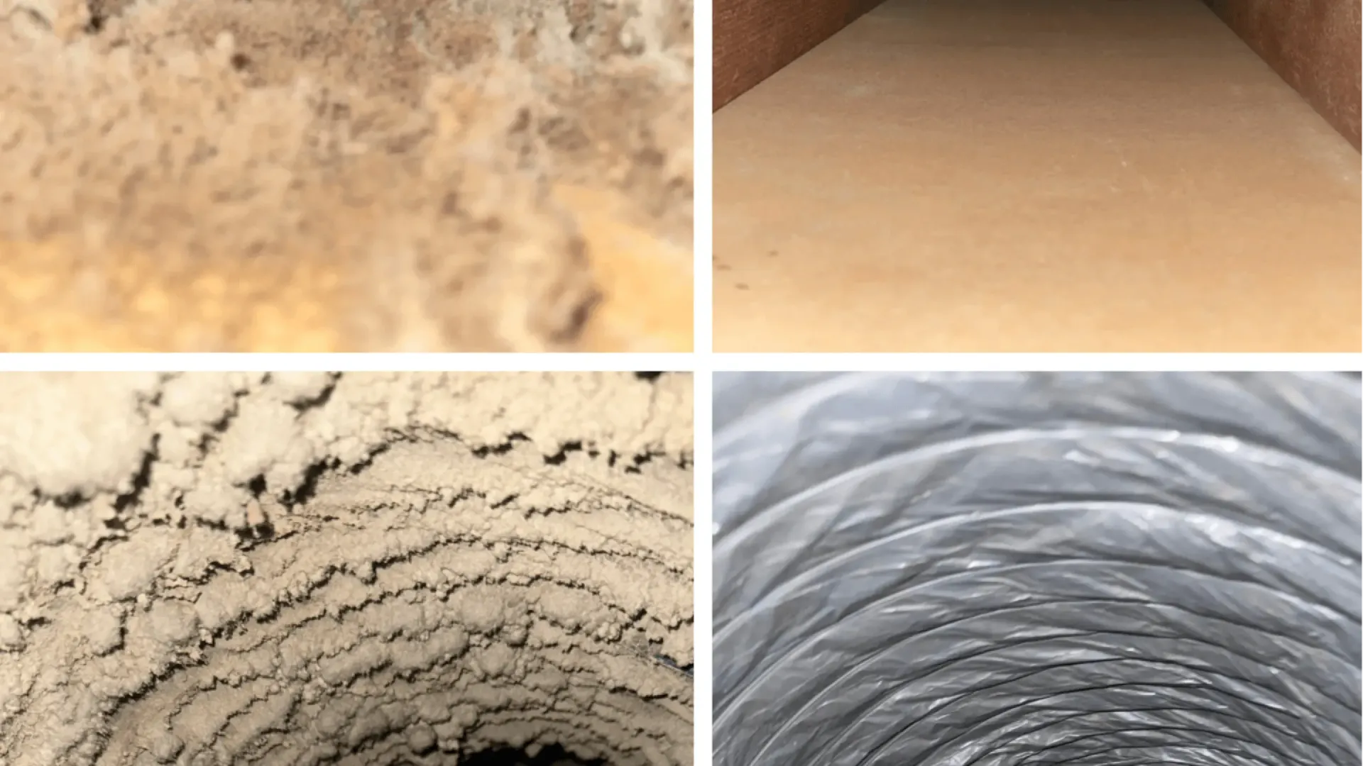 Four views of an empty, curved tunnel or pipe interior with rough beige and smooth gray surfaces.