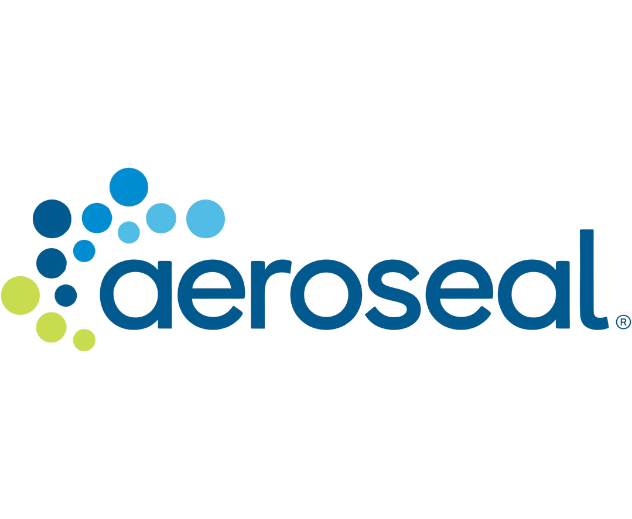 AeroSeal logo in blue and lime green with stylized dots and lowercase text