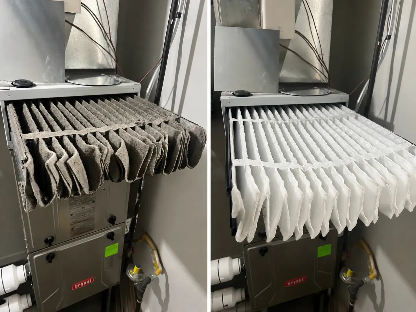 Side-by-side industrial machines drying gray and white hanging strips in a utility room