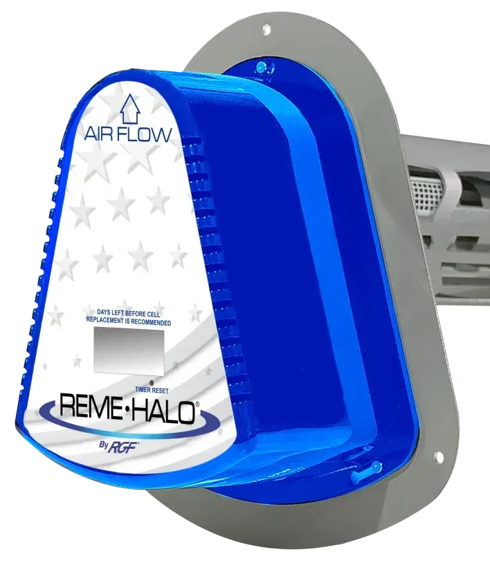 Blue and gray REME HALO air purification unit with airflow labels and translucent cover
