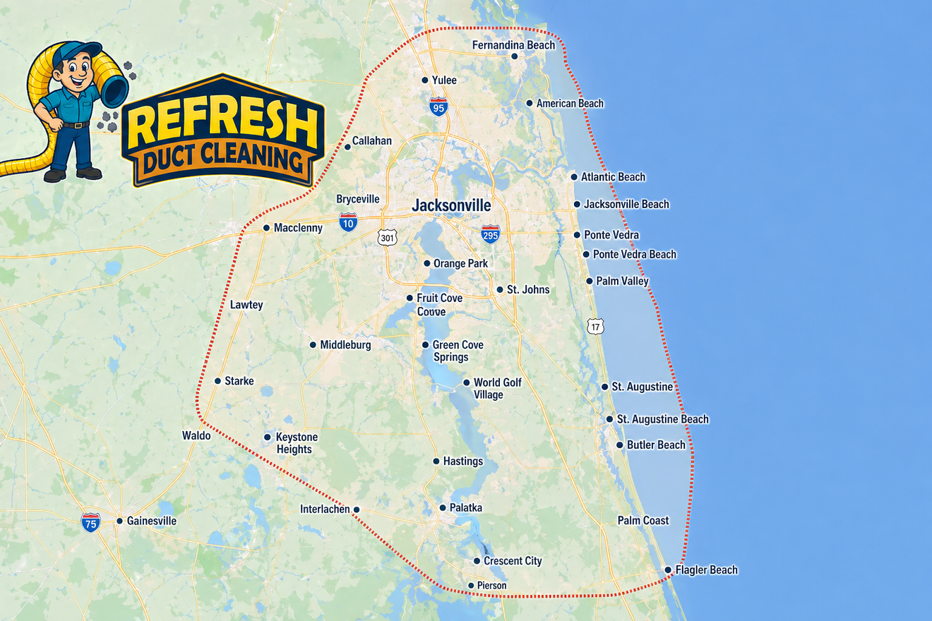 Map of a coastal area with a large outlined service region and βRefresh Duct Cleaningβ logo in the corner